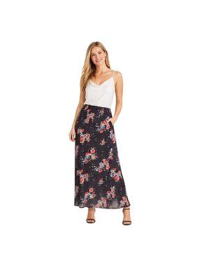 ZARA Floral Medium 28 Maxi Skirt Navy Blue Red Viscose